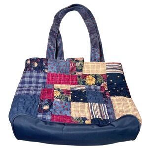 Quilted Patchwork Purse Red Blue Americana Tote Bag Floral Stars Country Retro